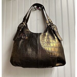 Audrey Brooke Genuine Leather Embossed Croc Pattern Gold Brown Hobo Shoulder Bag